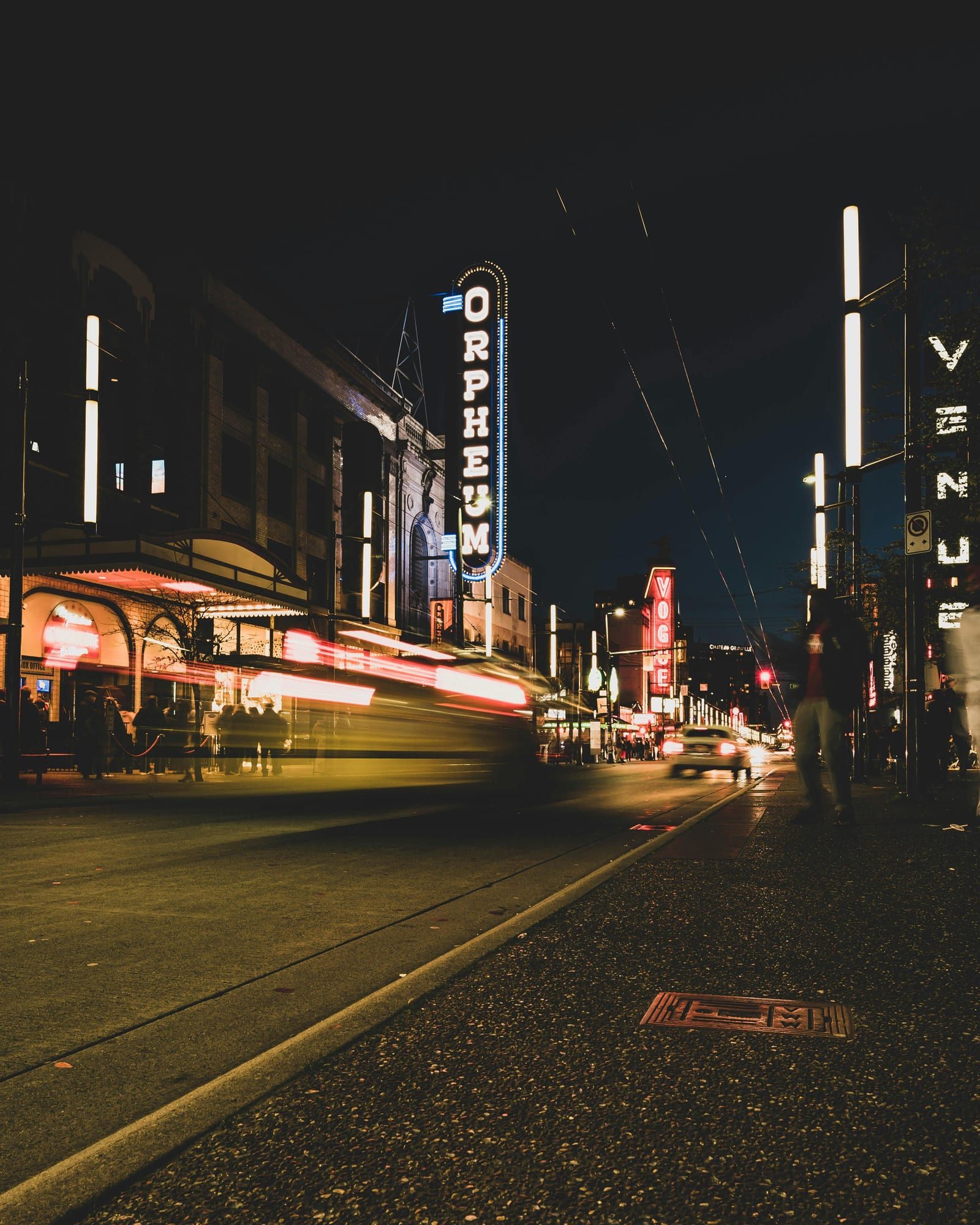 Granville Street — theatre marquees lit up at night